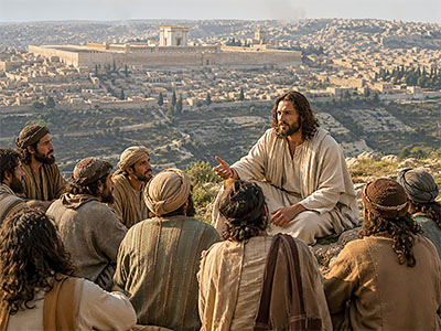 Jesus gives the Olivet Discourse, overlooking the Temple Mount.